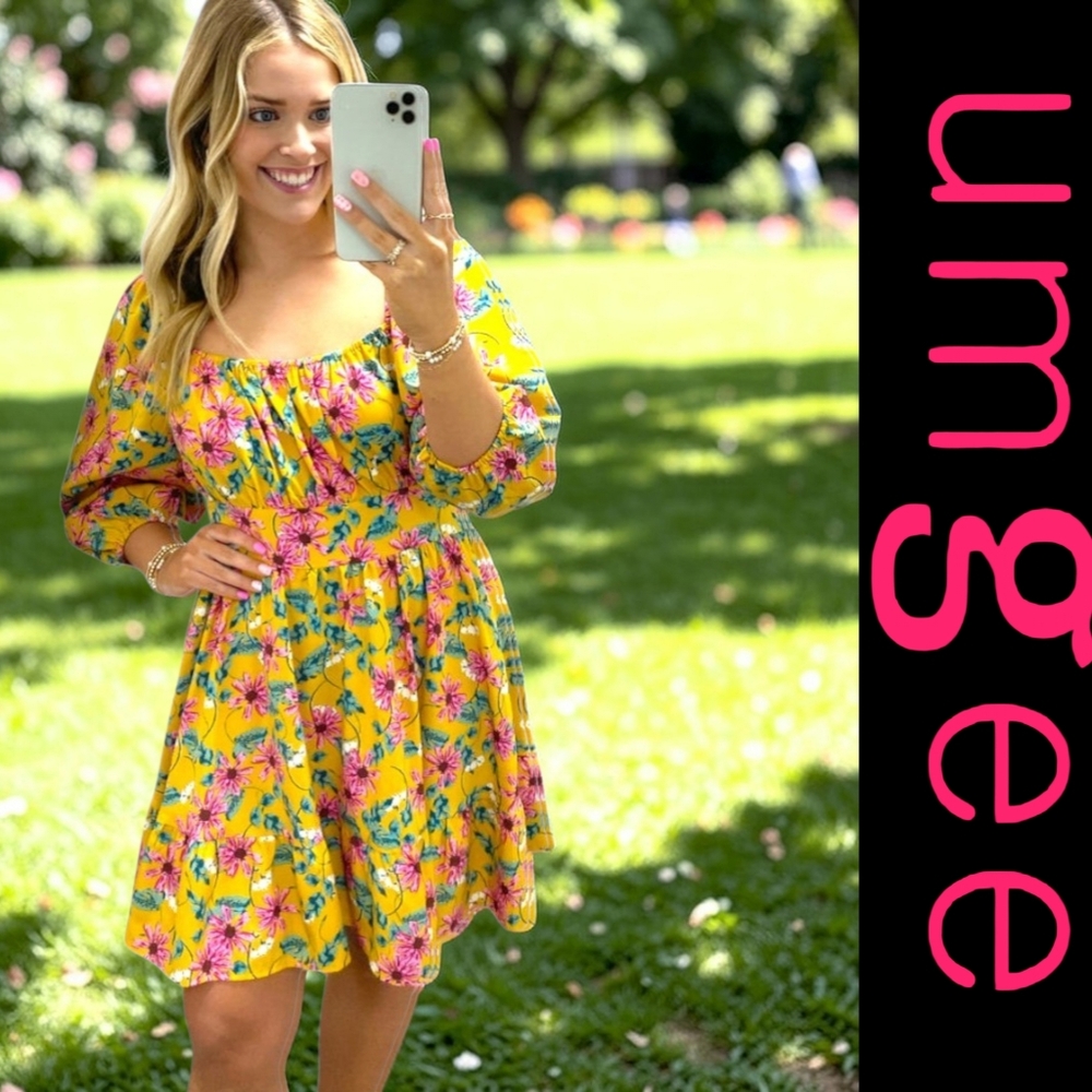 umgee Yellow Multifloral Puff Sleeve Square Neck Open Tie Back Mini Dress Sz LG